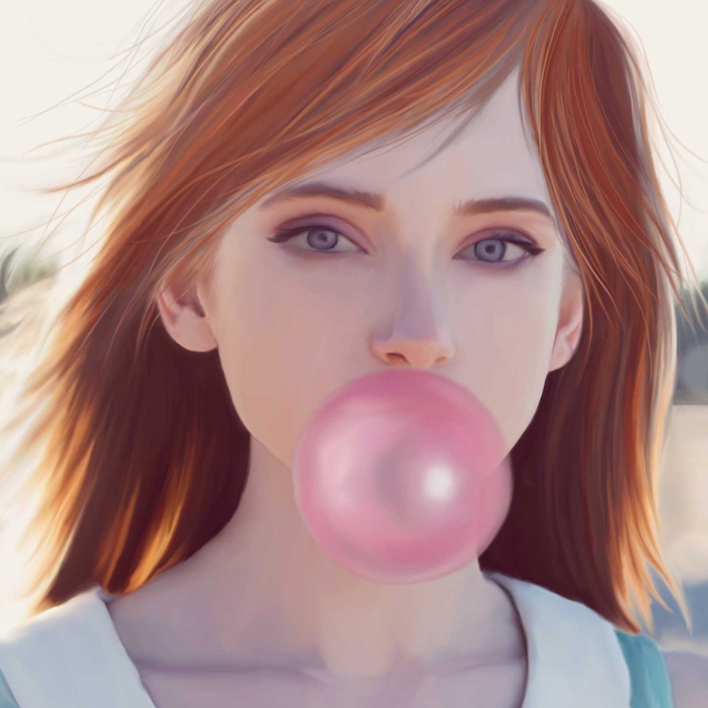 Рыжая девушка с розовой жевачкой