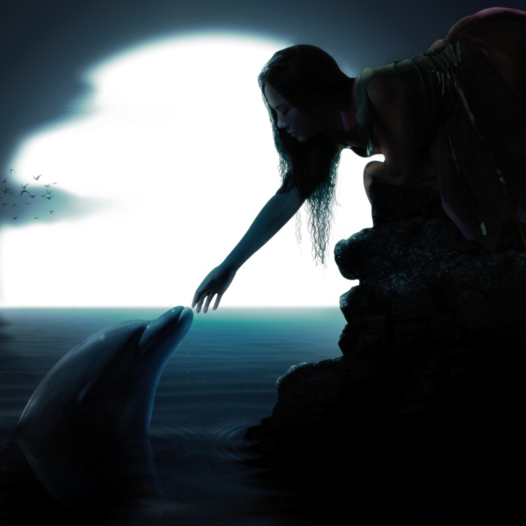 Девушка протянула руку к дельфину