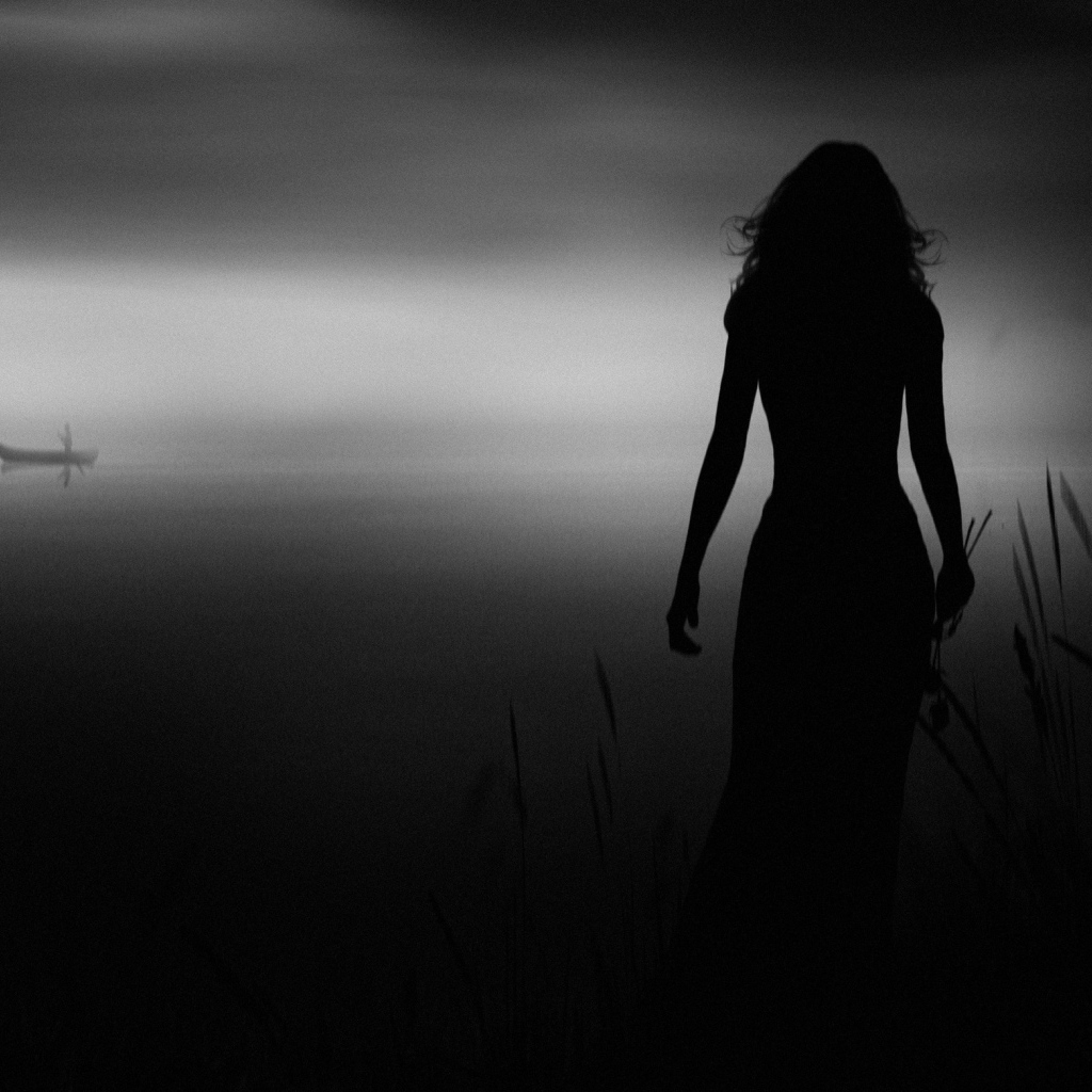 Силуэт девушки в прибрежном камыше