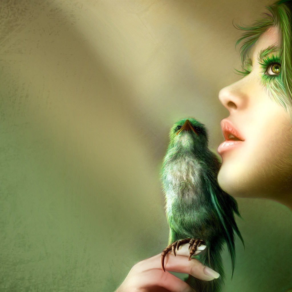 Птица на руке зеленоволосой девушки