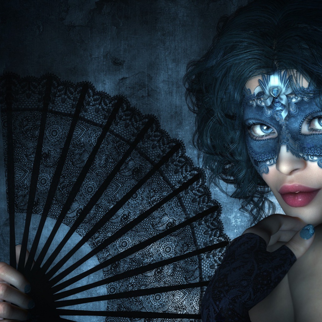 Девушка в маске с черным веером