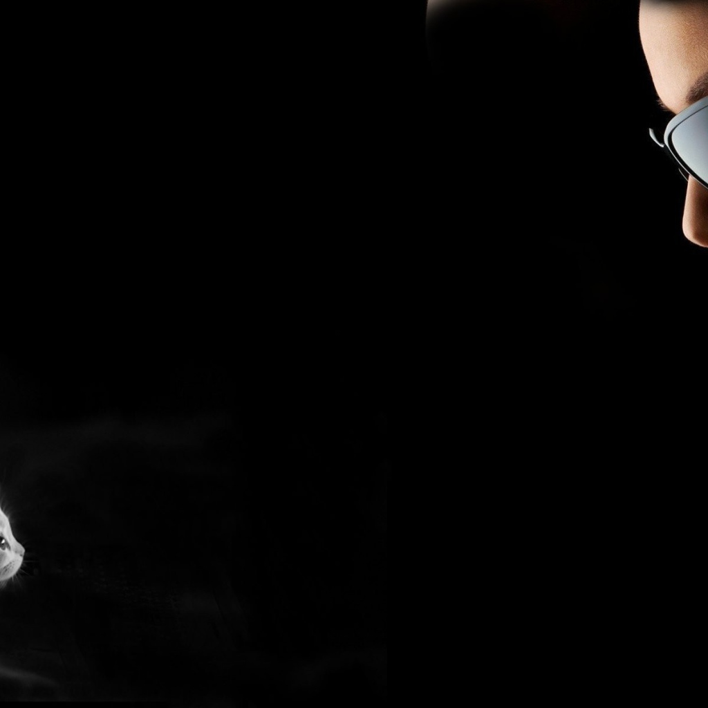 Девушка смотрит на котенка, черный фон