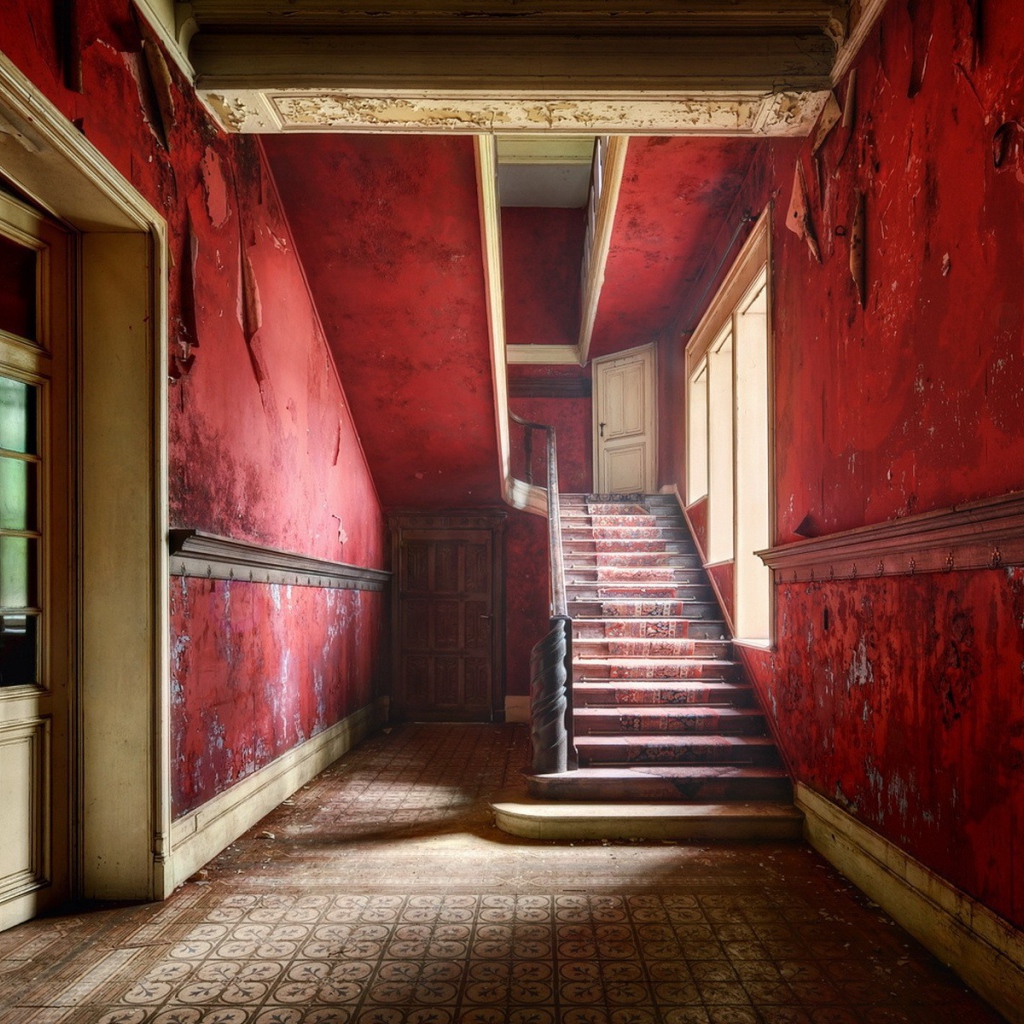 Красные стены внутри заброшенного дома
