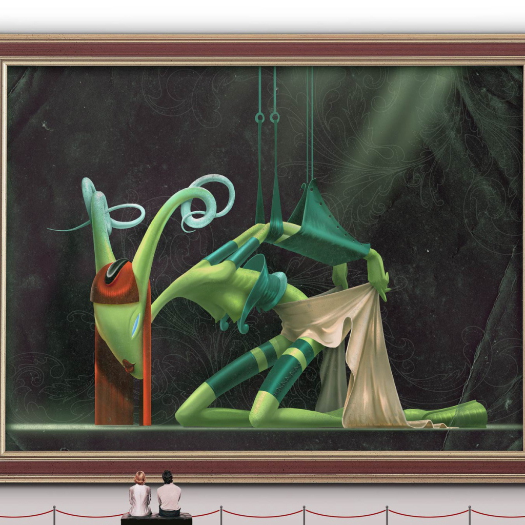 Милая пара смотрит на картину