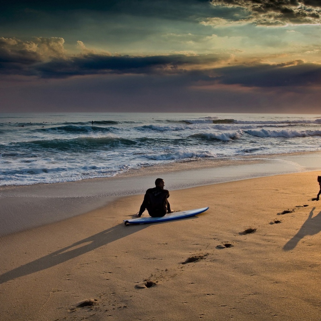 Серфер с собакой на пляже