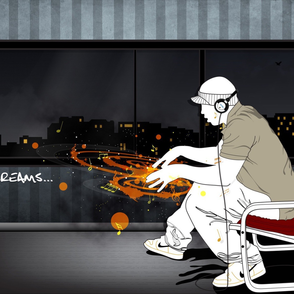 Диджей наушниках с воображаемым пультом