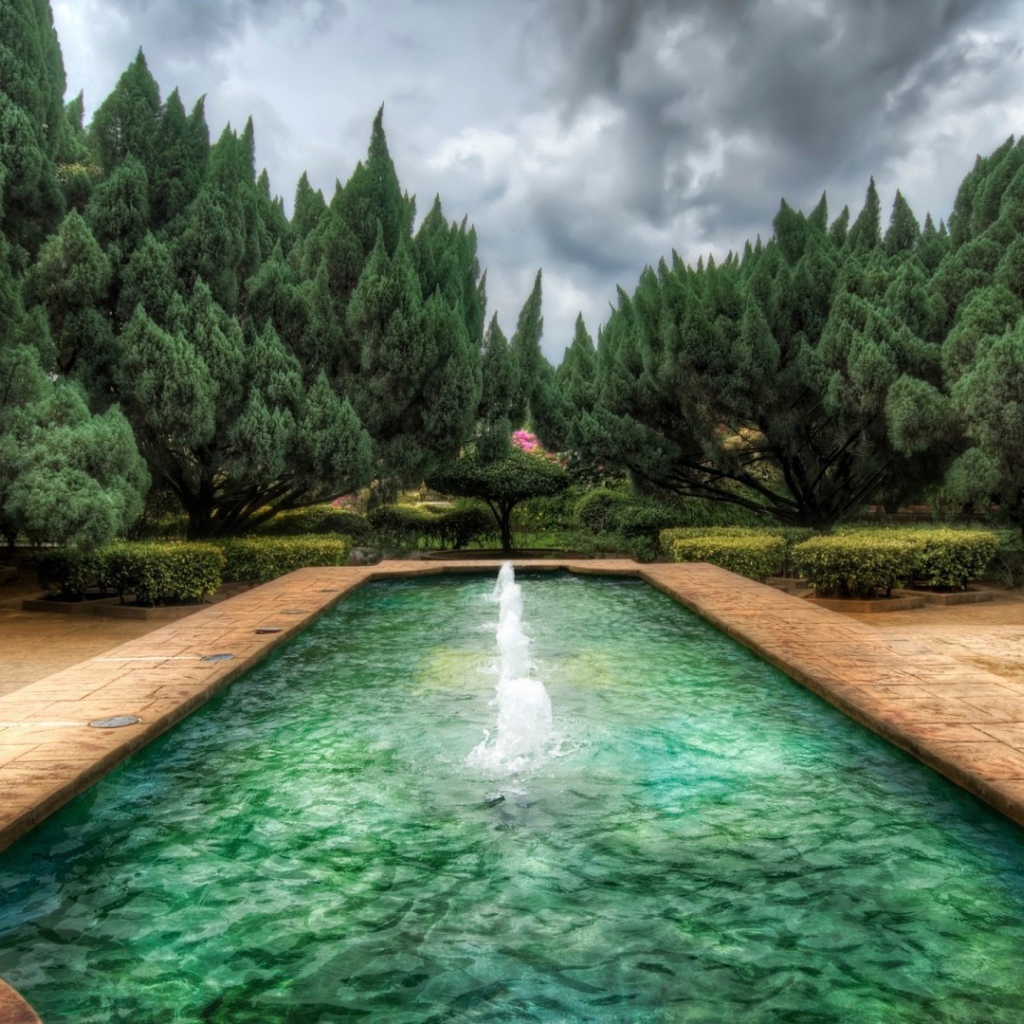 Пруд с фонтанами в саду