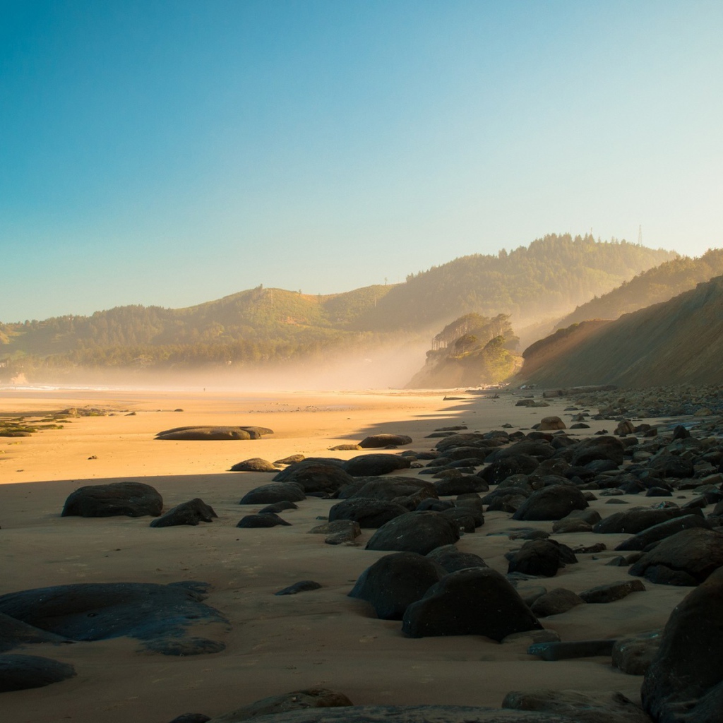 Черные круглые камни на песке пляжа