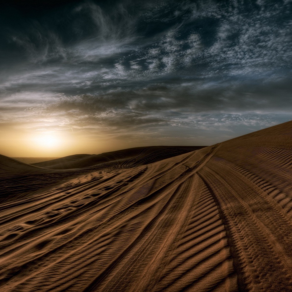 Следы шин на песке в пустыне