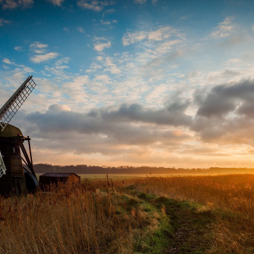 Мельница среди поля на фоне заката