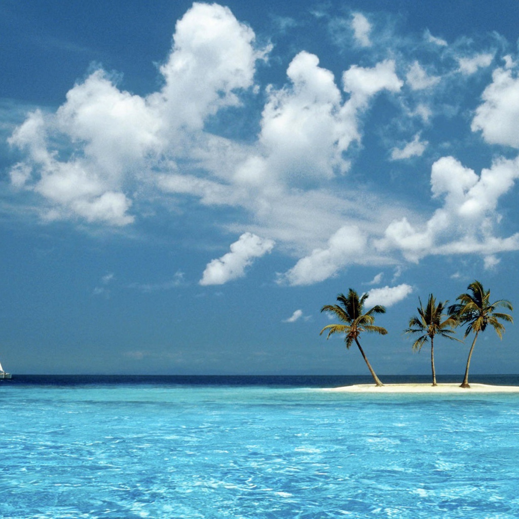 Парусник у песчаного острова с пальмами