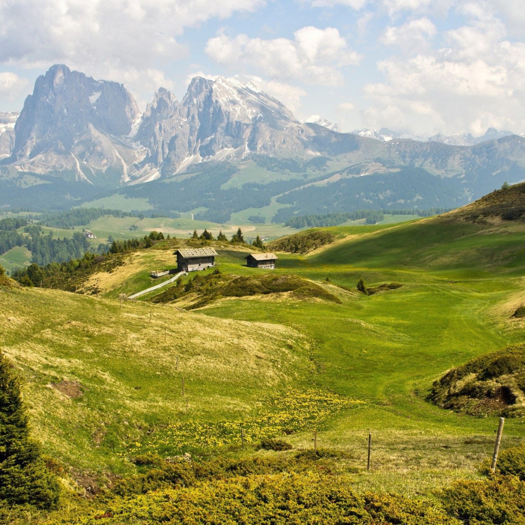 Фермы на зеленых полях среди гор