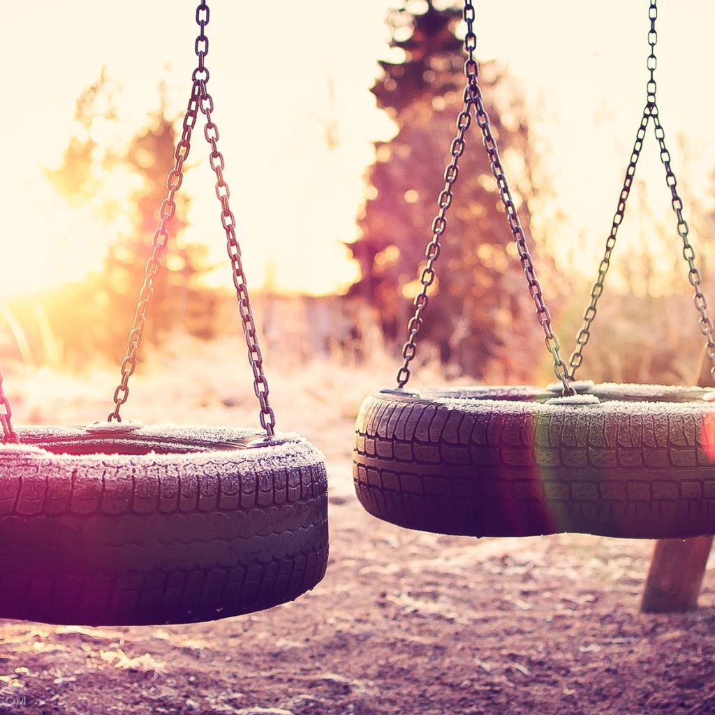 Иней на качелях из шин