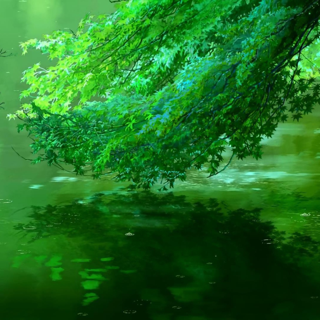 Зеленая ветка склонилась над водой