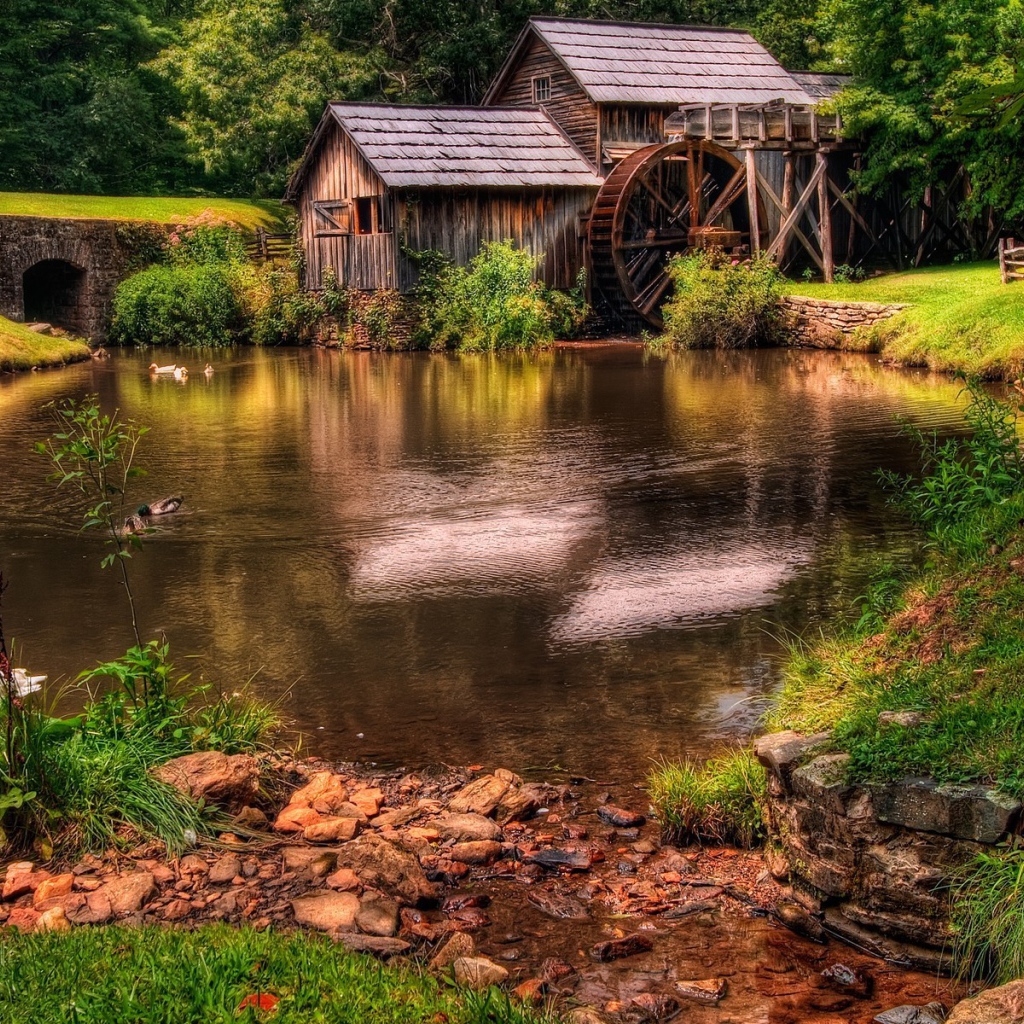 Пруд у деревянной мельницы