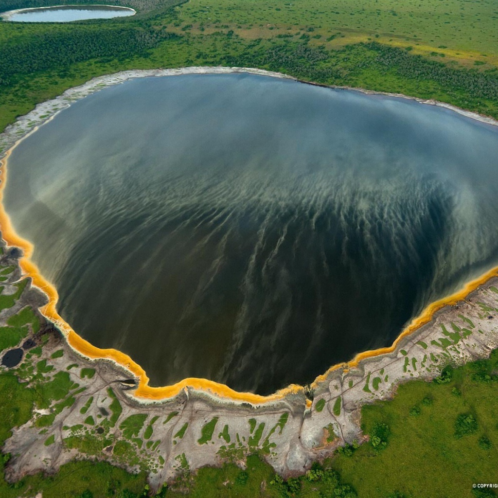 Круглое озеро среди полей с высоты