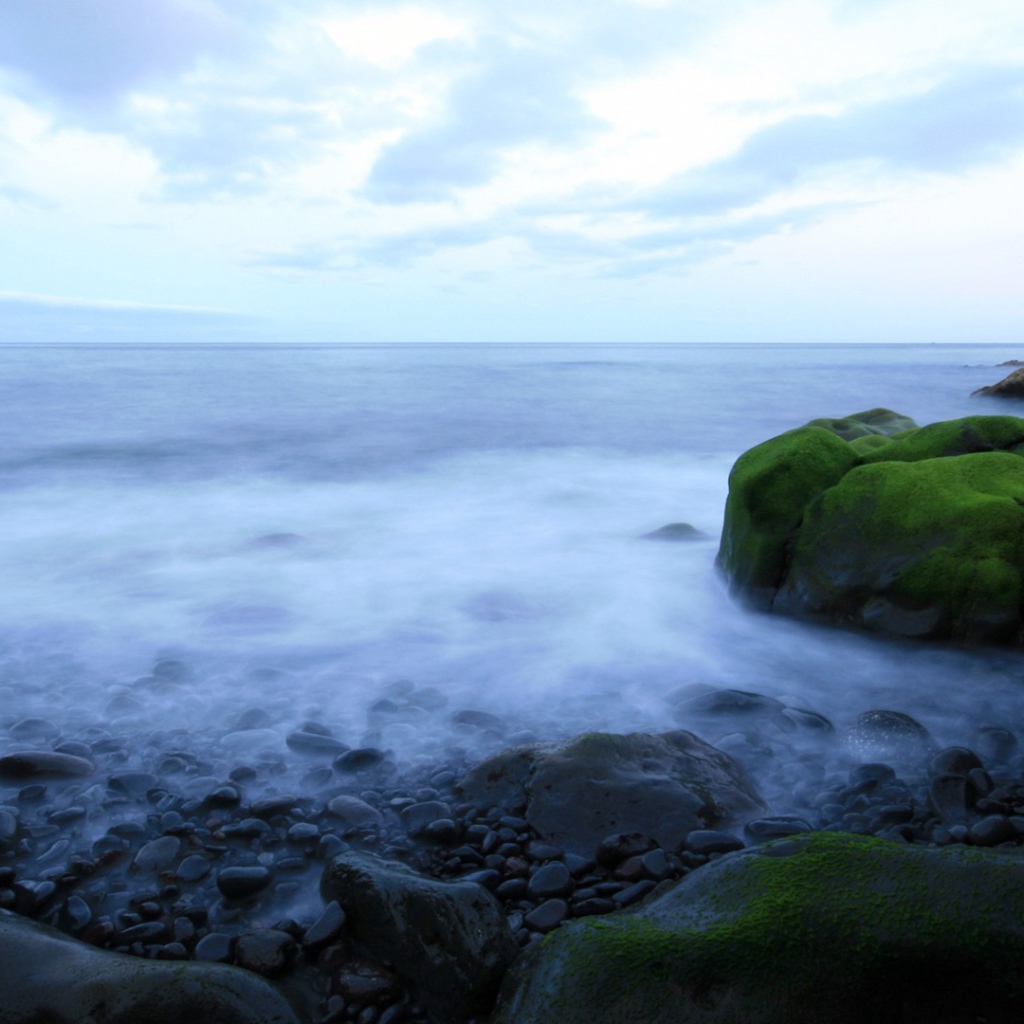 Зеленые валуны на берегу моря