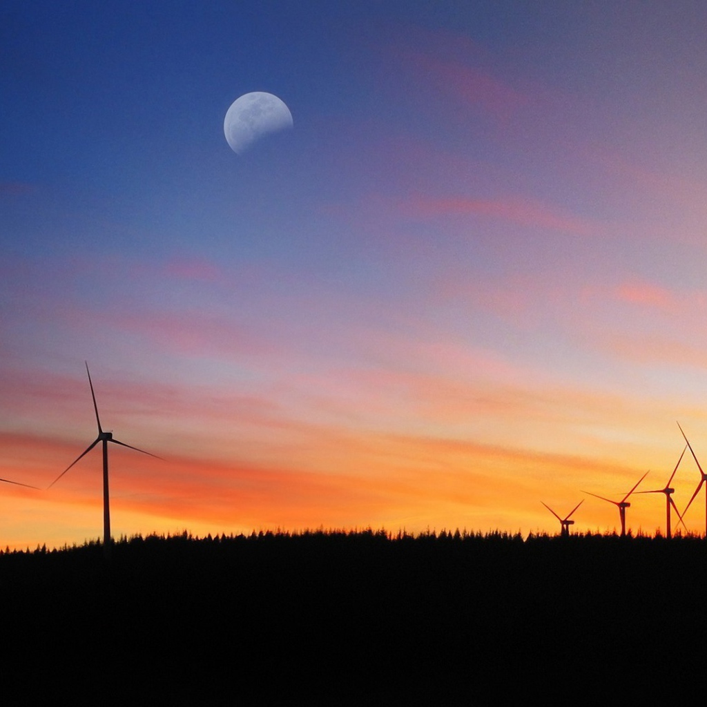 Силуэты ветряков на фоне заката