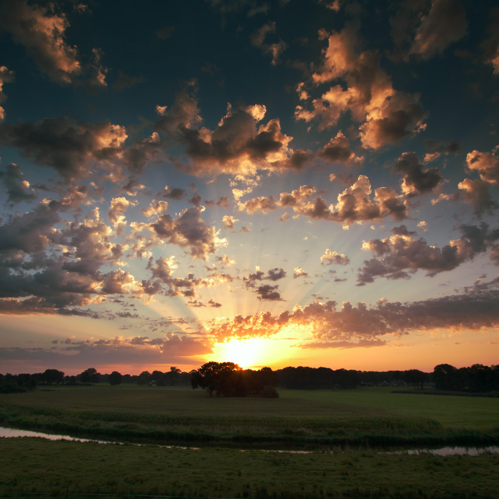 Закат на поле у реки