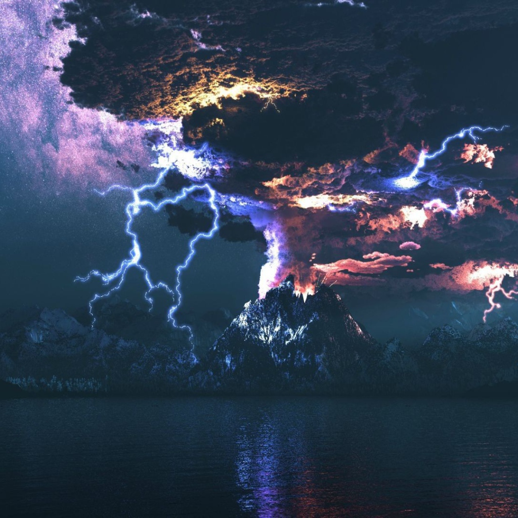 Извержение вулкана в ночи