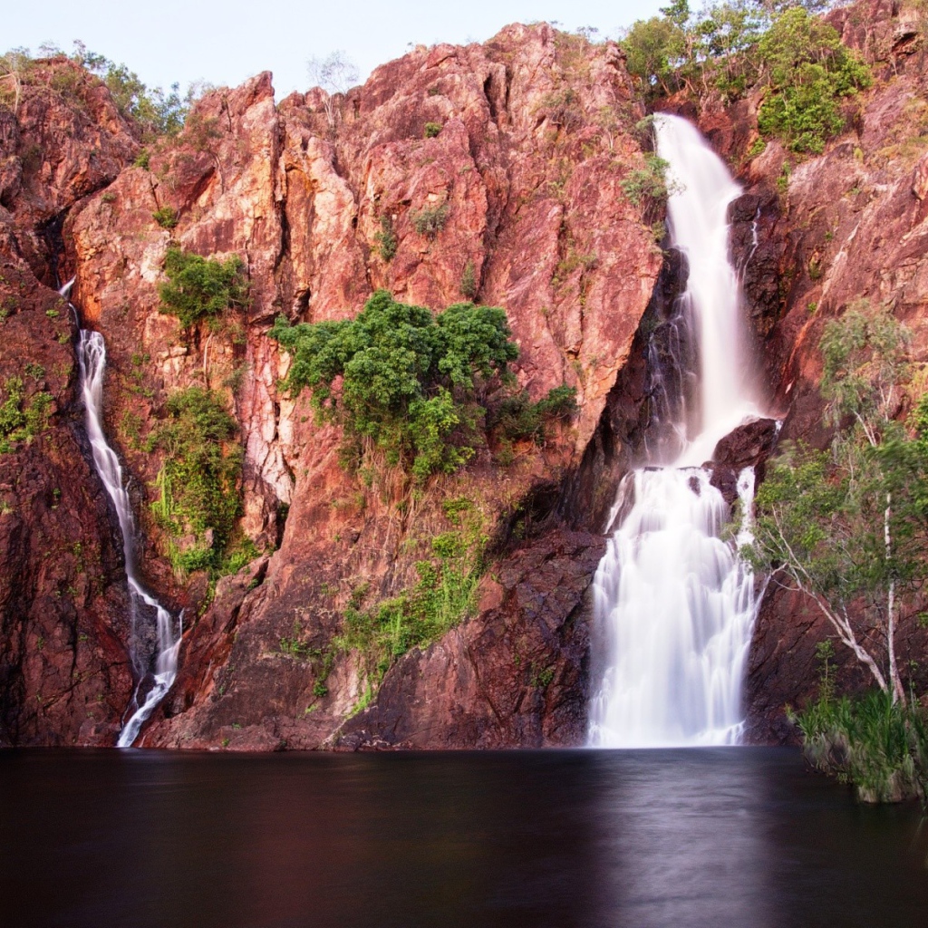 Зелень на розовых скалах с водопадом