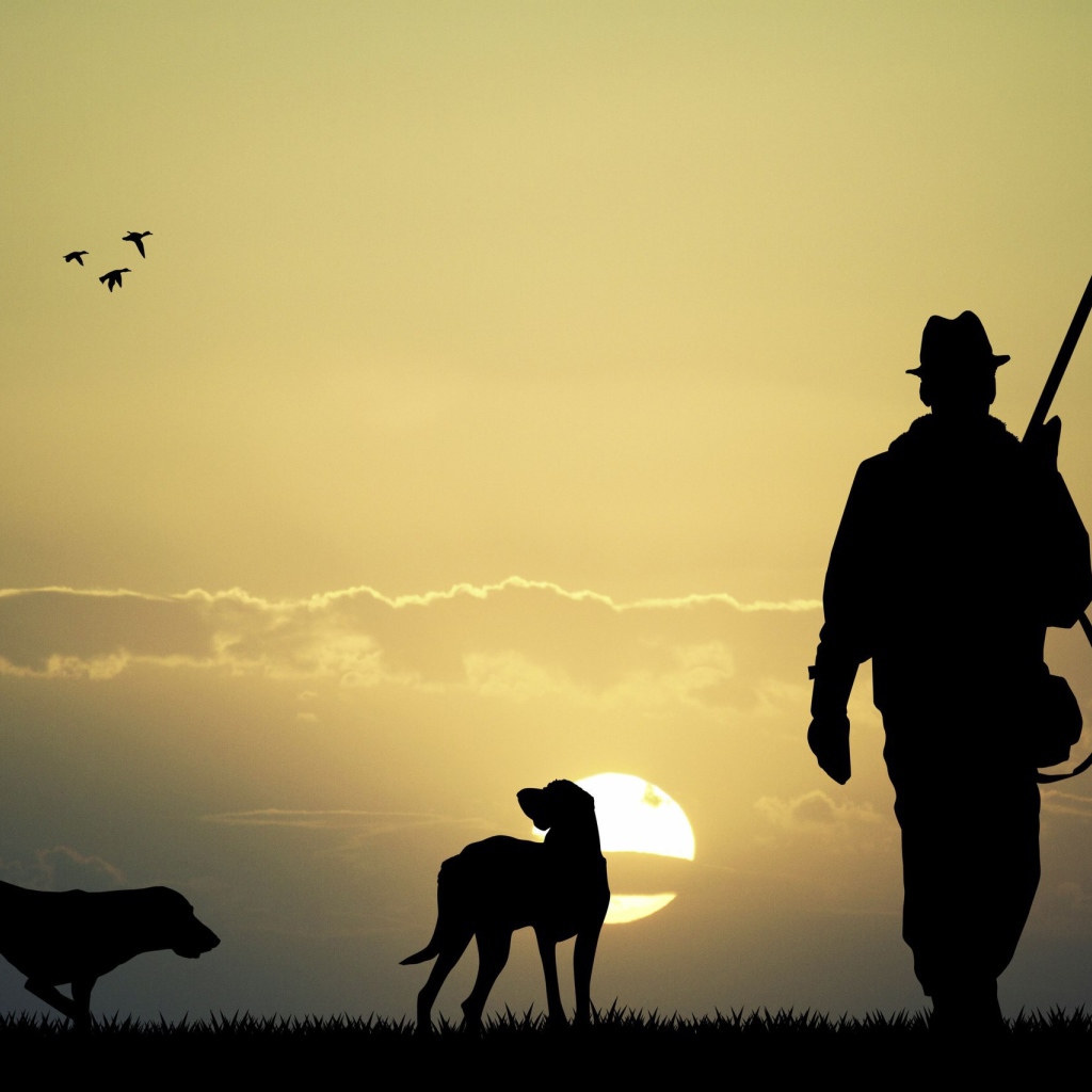 Охотник с собаками на фоне солнца