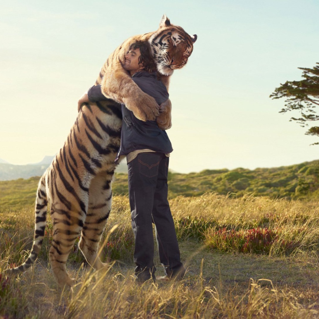 Человек обнимается с тигром