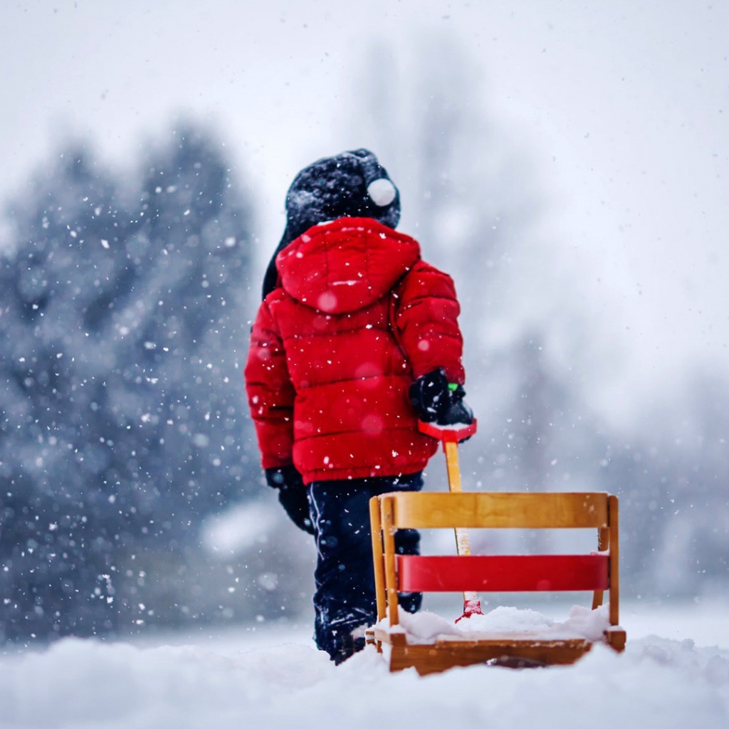 Ребенок везет санки