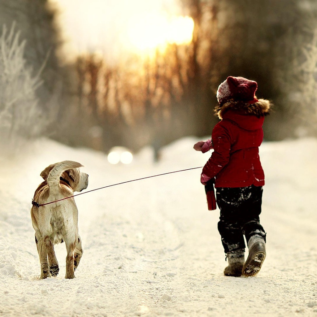 Девочка ведет собаку на поводке на прогулку