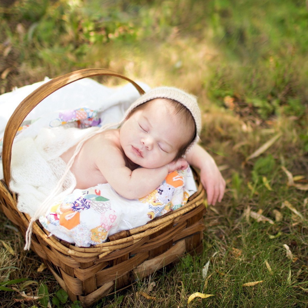 Ребенок спит в корзинке на траве