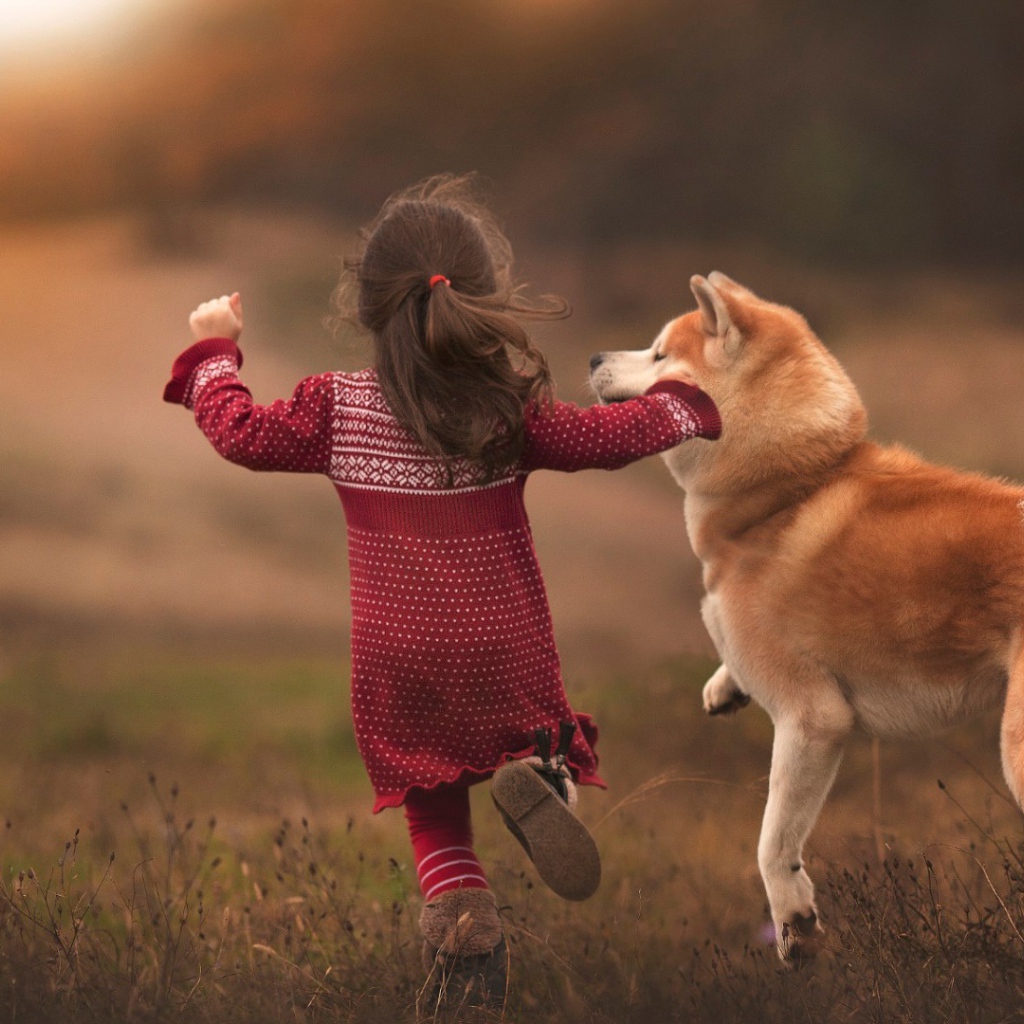 Девочка бежит по полю с собакой