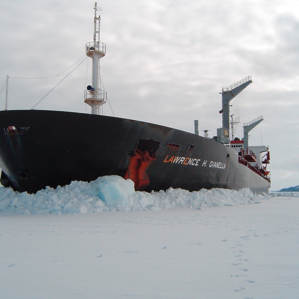 Black ship stuck in ice