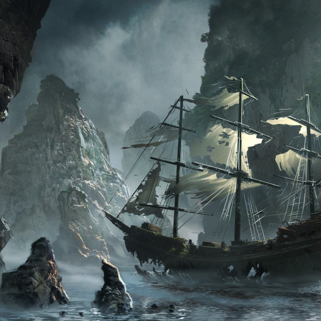 Потрепанный корабль среди скал, картина