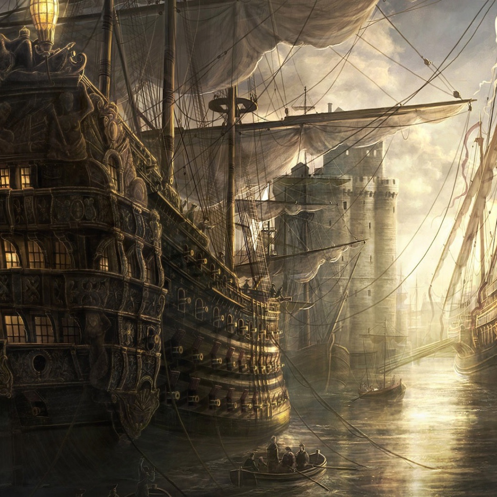 Старинные парусные корабли в порту