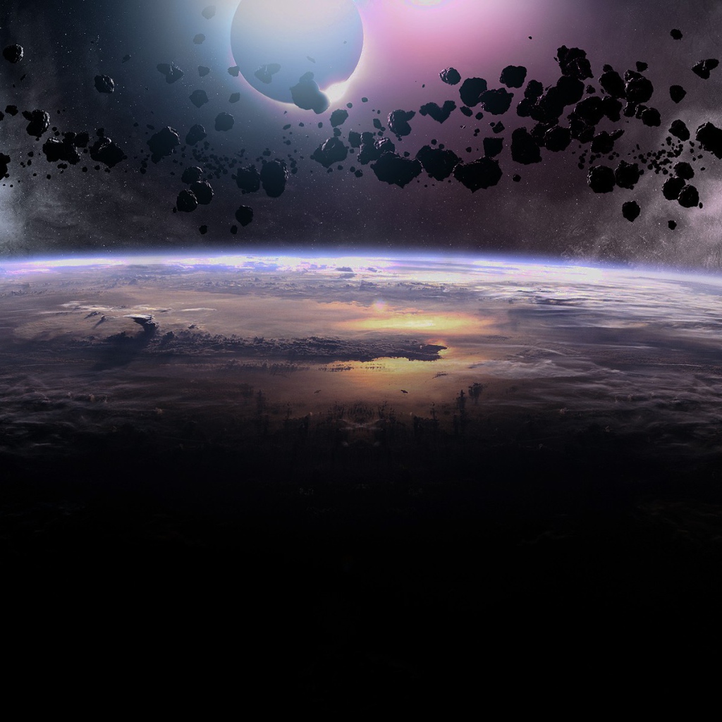 Облако черных астероидов над планетой