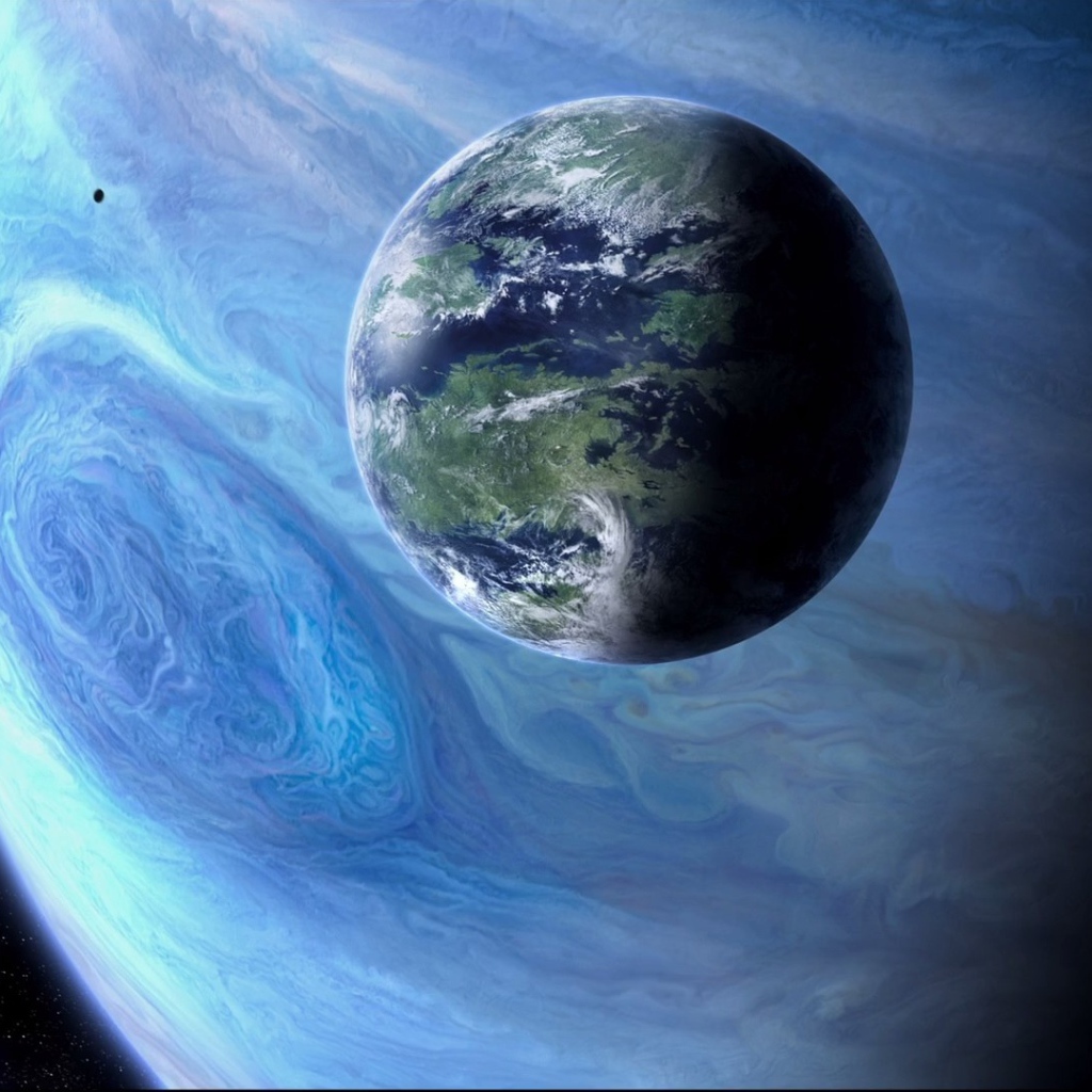 Земля на фоне голубого Юпитера