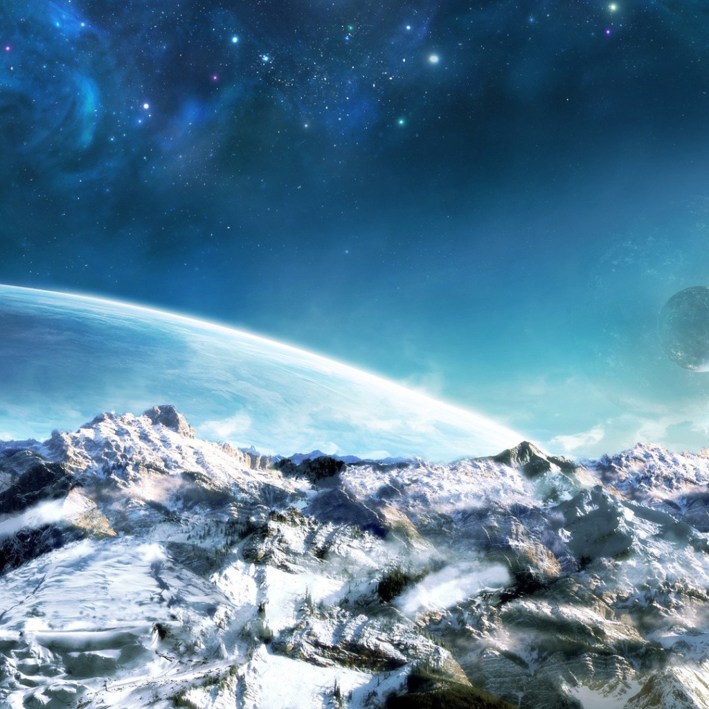 Ледяной мир на фоне чужих планет