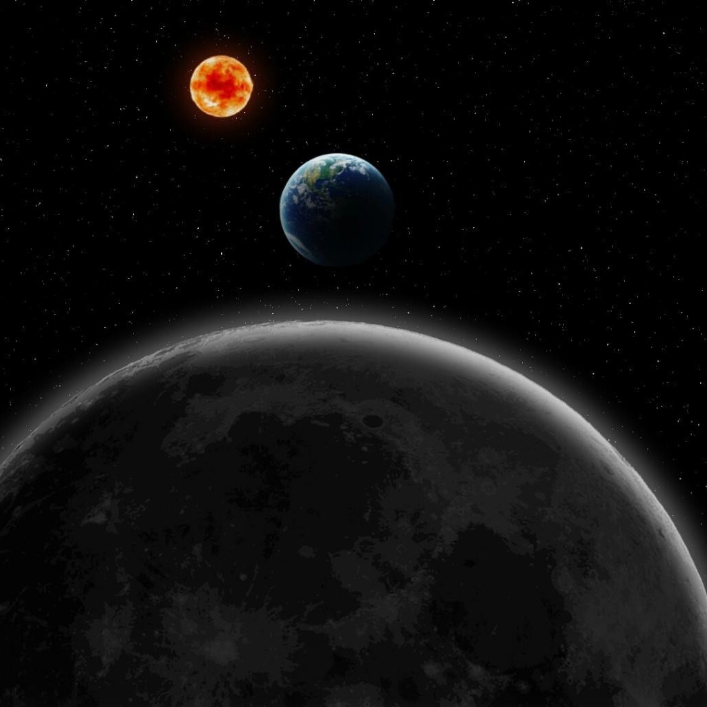 Луна, Земля и Солнце на фоне звезд