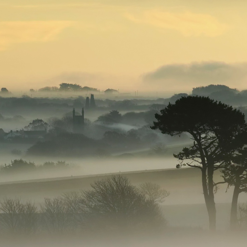 Город, покрытый густым туманом