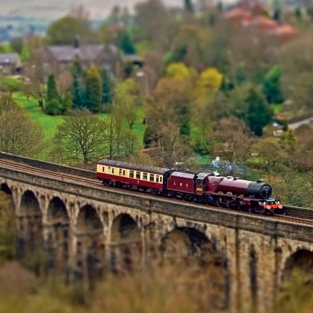Паровоз с одним вагоном на мосту