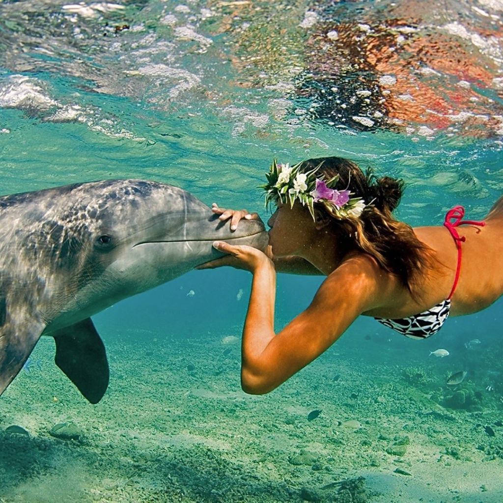 Girl and dolphin underwater, Hawaii