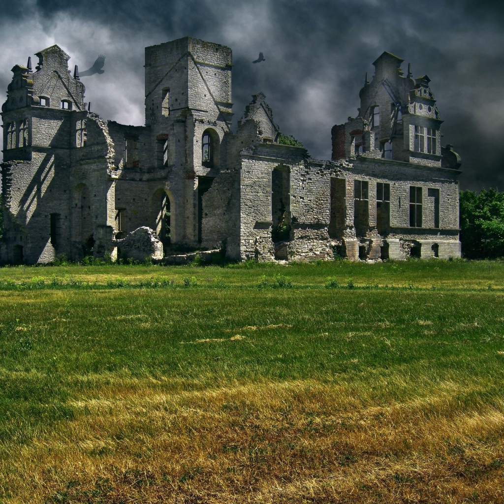 Вороны кружат над руинами замка в Шотландии