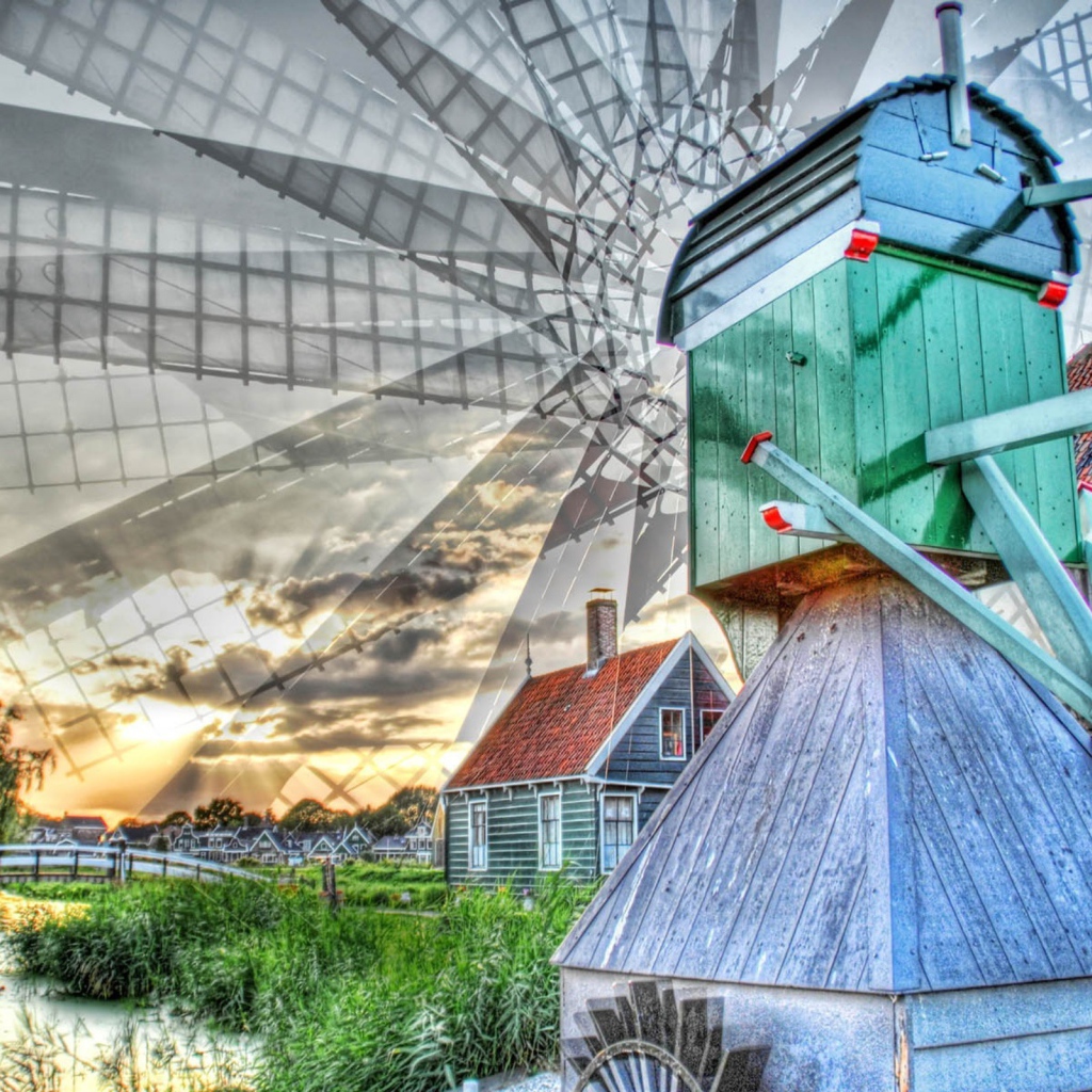 Вращение лопастей деревянной мельницы