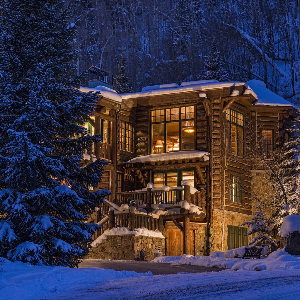 Деревянный дом в зимнем лесу в Колорадо, США