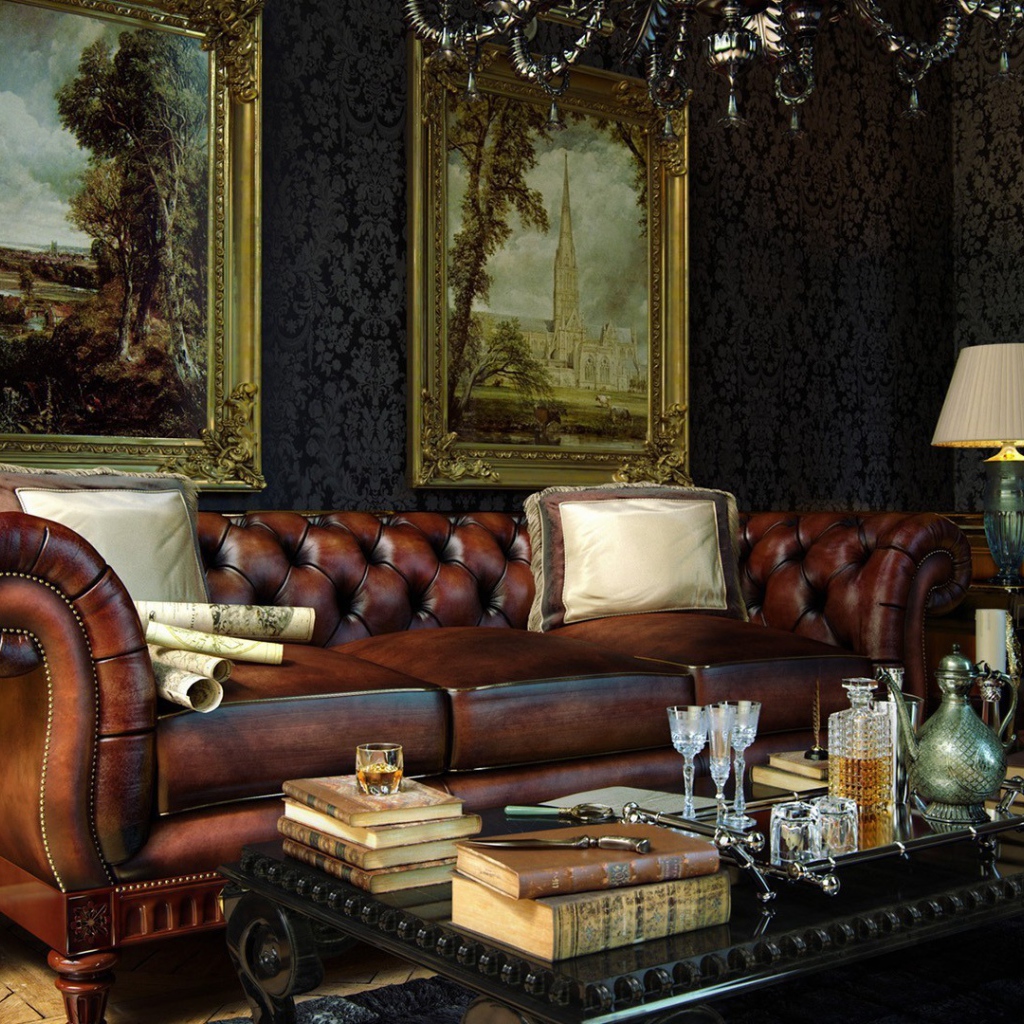 Роскошный кожаный диван в богатой гостиной