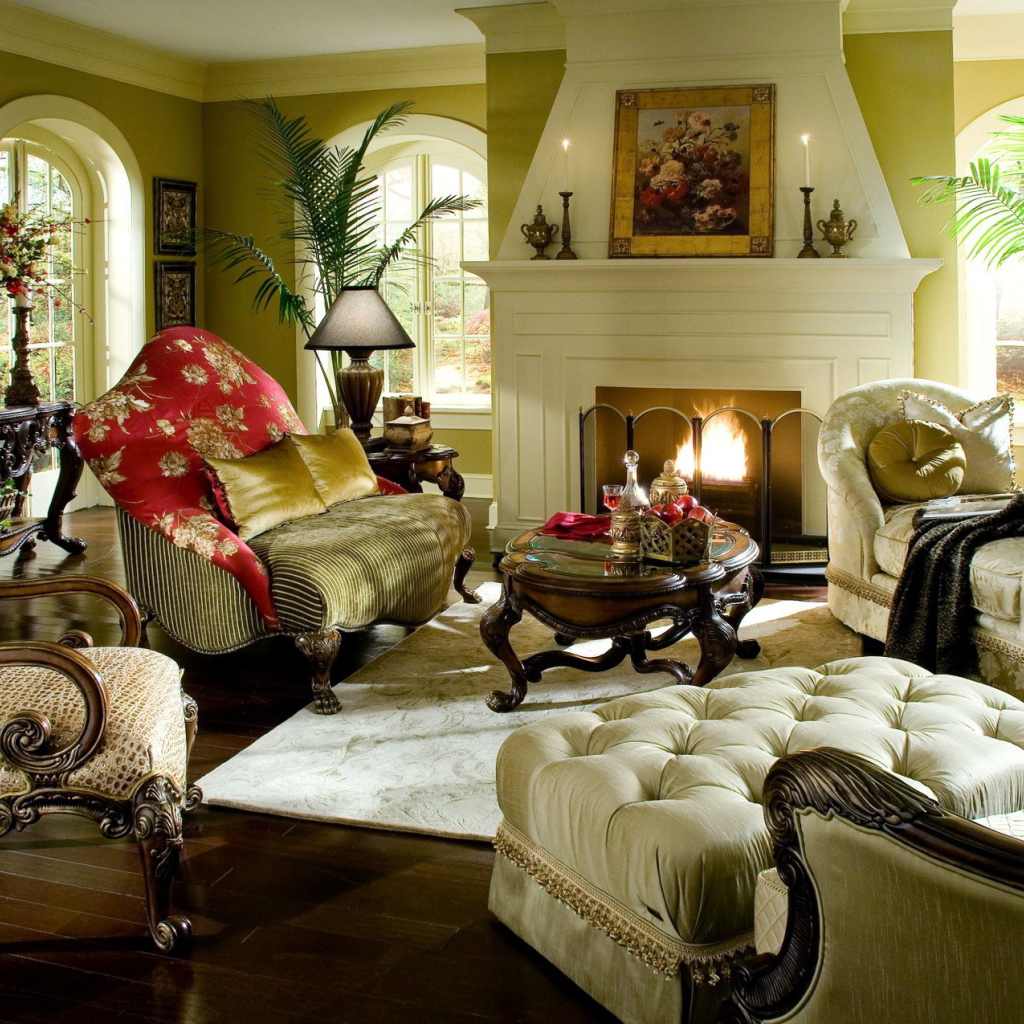 Комната с камином в стиле ретро