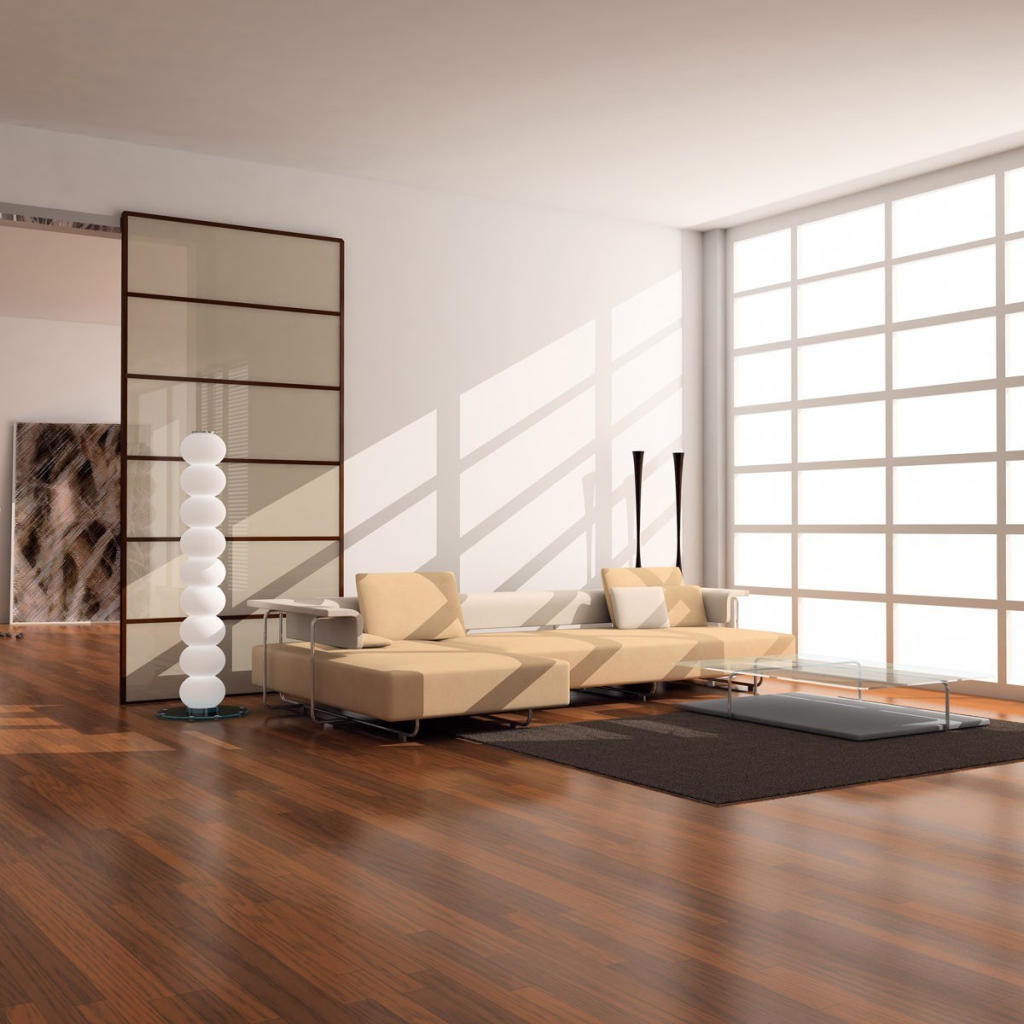 Лучи солнца освещают гостиную, оформленную в стиле минимализма