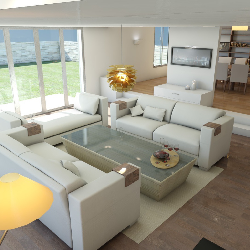 Белые кожаные диваны в светлой гостиной