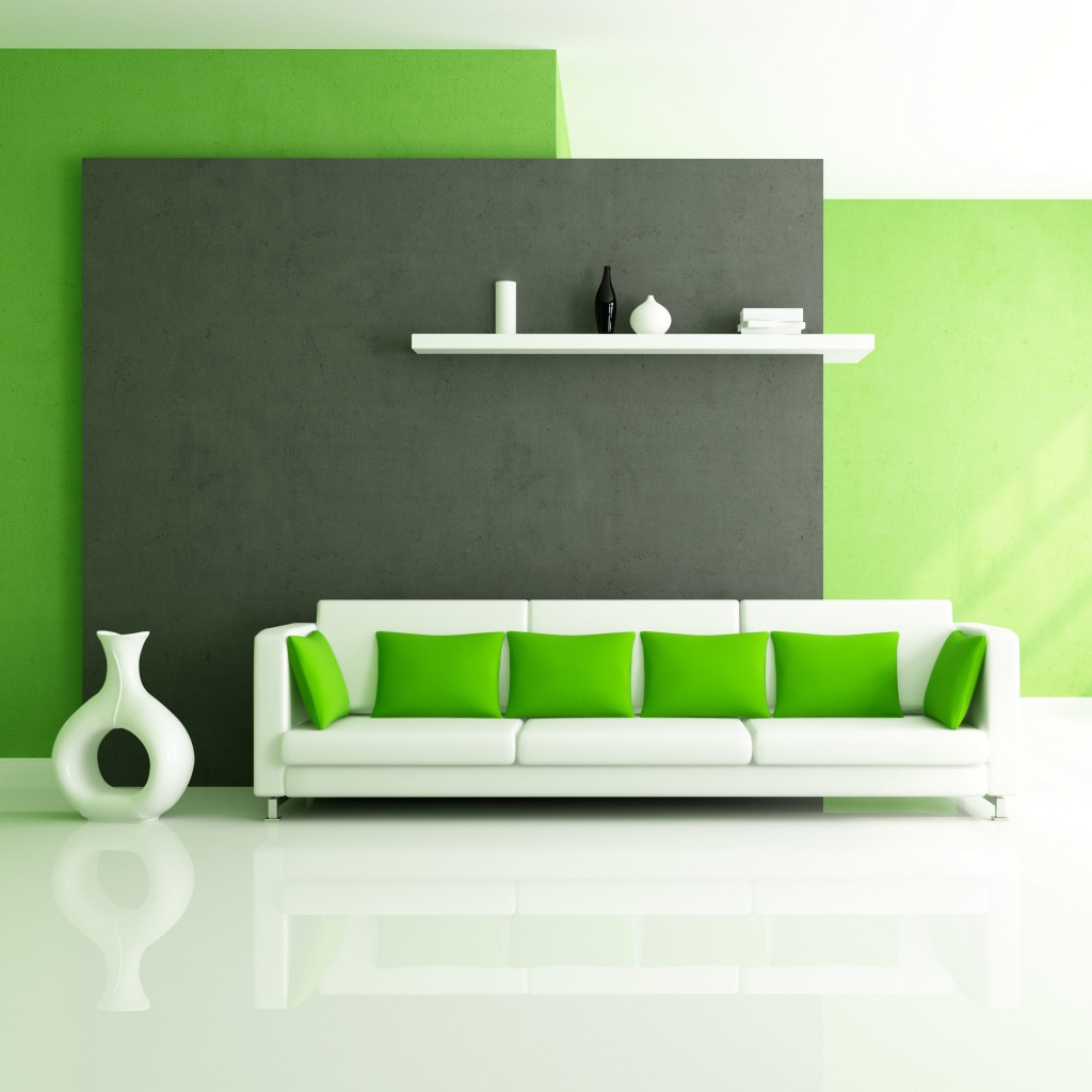 Белый диван с зелеными подушками