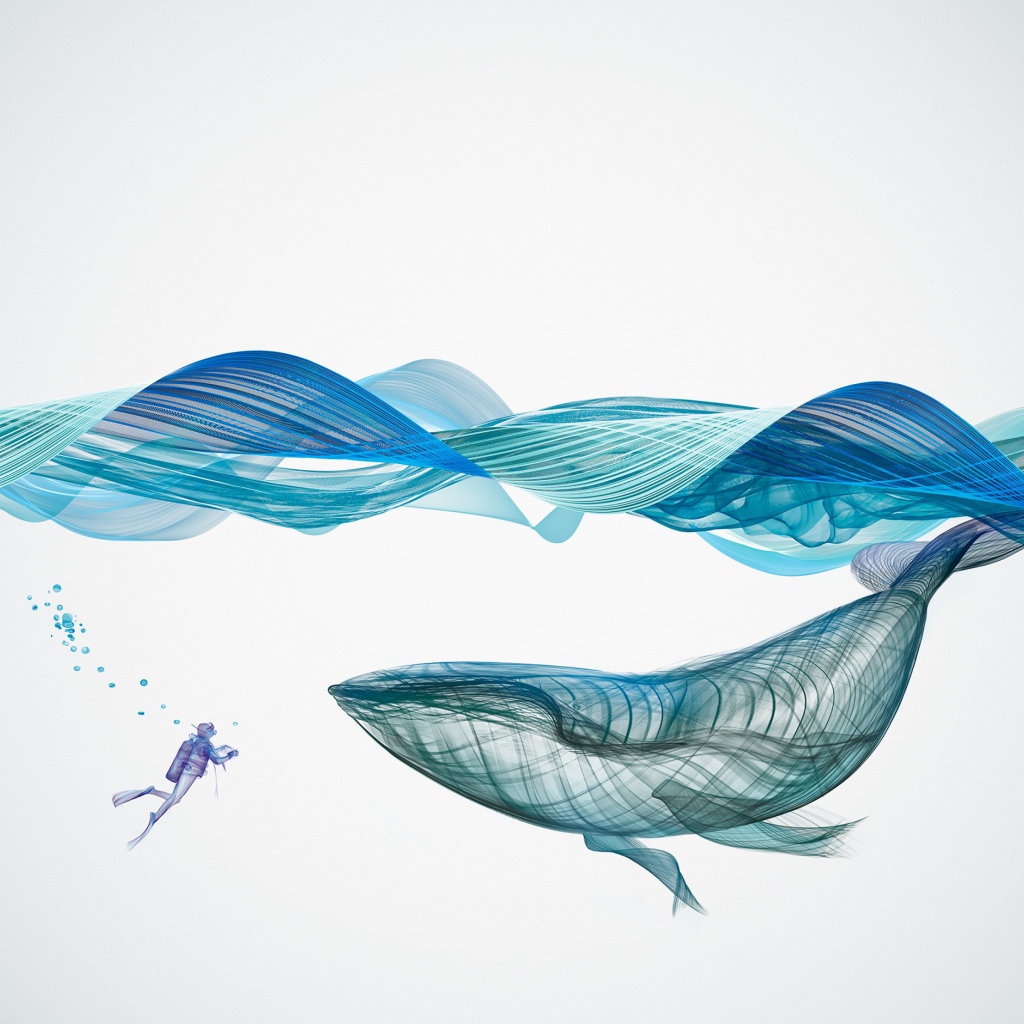 Большой кит и водолаз под водой 3д графика